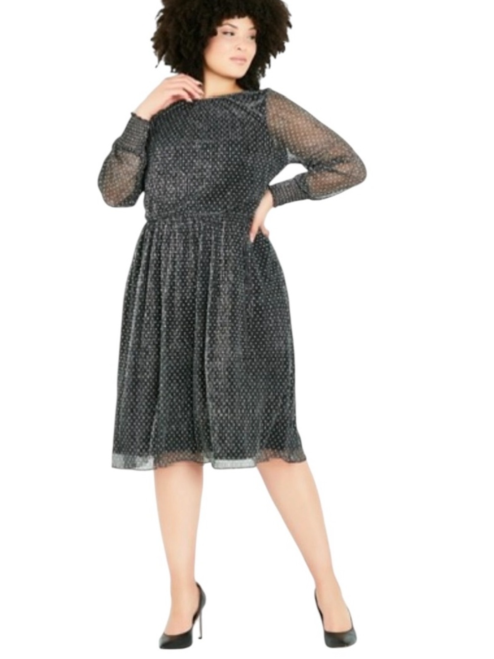 City Chic Metallic Silver Black Sheer Polka Dot Midi Dress Women Size 12